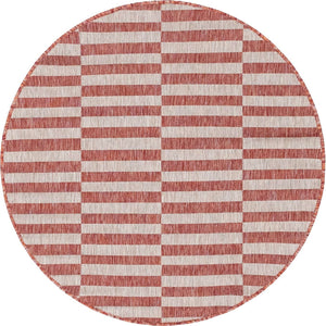 Rust Red 4' 1 x 4' 1 Outdoor Striped Round Area Rug Weather Resistant for Patio, Deck, Terrace, Balcony, Porch Geometric Pattern Waterproof Carpet for Sale at Rug Engine