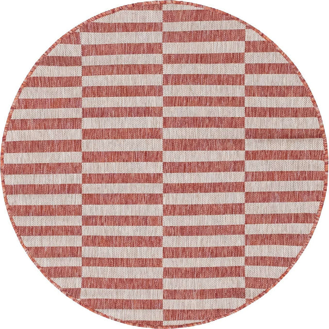 Rust Red 4' 1 x 4' 1 Outdoor Striped Round Area Rug Weather Resistant for Patio, Deck, Terrace, Balcony, Porch Geometric Pattern Waterproof Carpet for Sale at Rug Engine