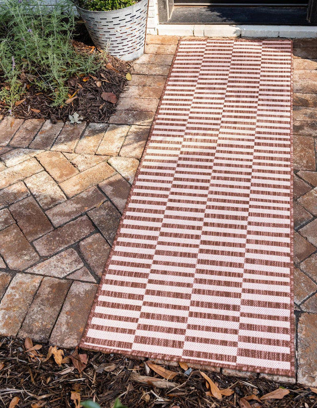Rust Red 2' x 6' 1 Outdoor Striped Runner Area Rug Weather Resistant for Patio, Deck, Terrace, Balcony, Porch Geometric Pattern Waterproof Carpet for Sale at Rug Engine