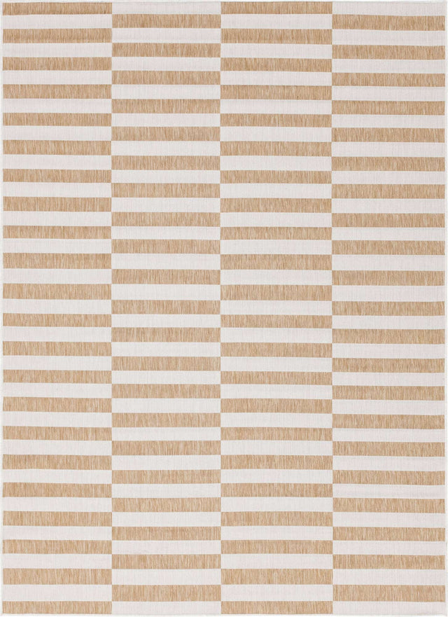 Taupe 7' 10 x 11' Outdoor Striped Rectangle Area Rug Weather Resistant for Patio, Deck, Terrace, Balcony, Porch Geometric Pattern Waterproof Carpet for Sale at Rug Engine