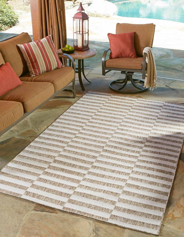 Taupe 4' 1 x 6' 1 Outdoor Striped Rectangle Area Rug Weather Resistant for Patio, Deck, Terrace, Balcony, Porch Geometric Pattern Waterproof Carpet for Sale at Rug Engine