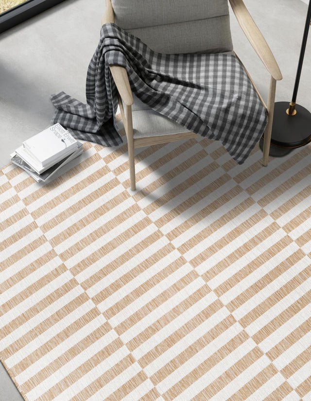 Taupe 10' x 13' 1 Outdoor Striped Rectangle Area Rug Weather Resistant for Patio, Deck, Terrace, Balcony, Porch Geometric Pattern Waterproof Carpet for Sale at Rug Engine