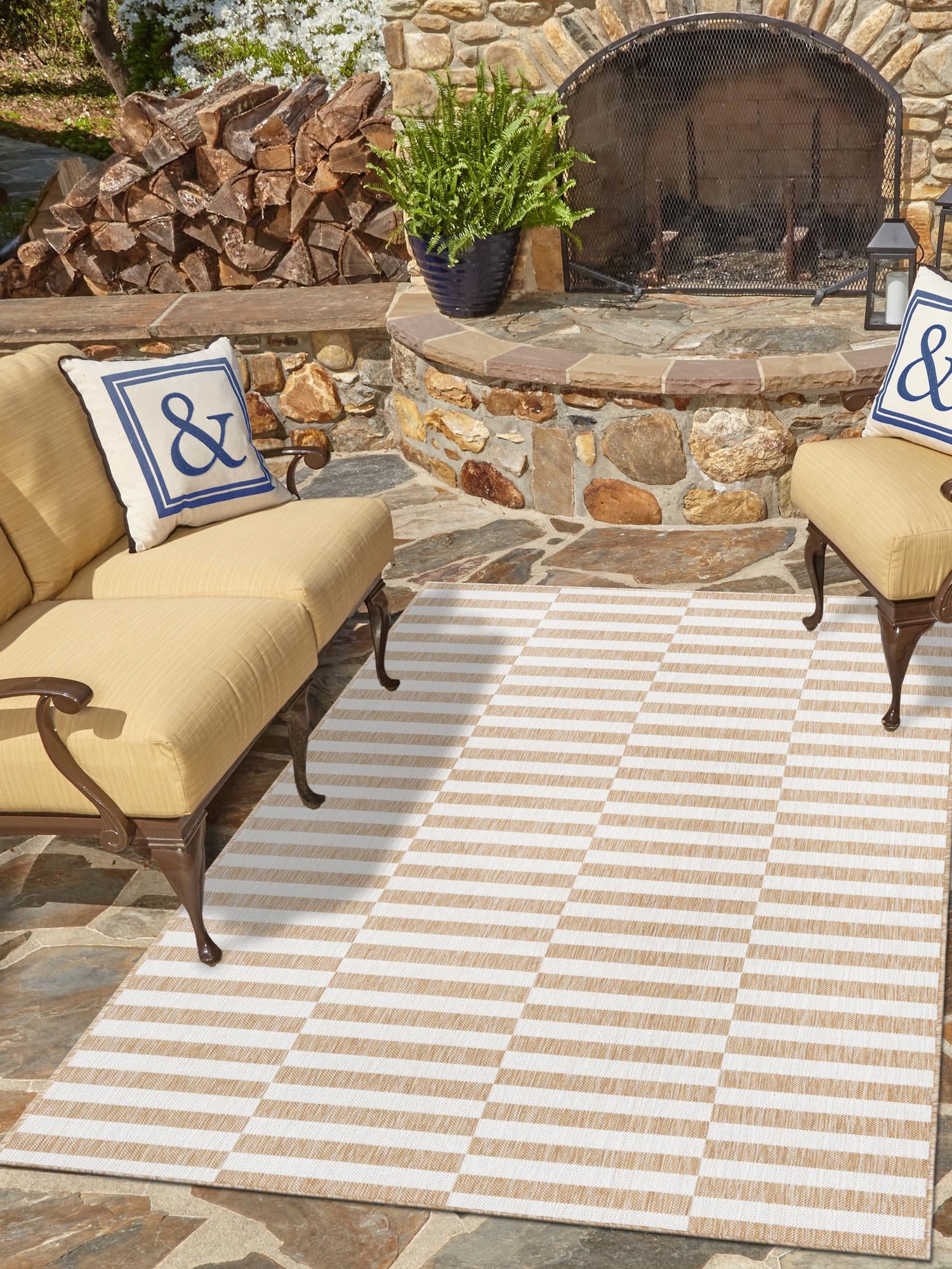 Taupe 4' 1 x 6' 1 Outdoor Striped Rectangle Area Rug Weather Resistant for Patio, Deck, Terrace, Balcony, Porch Geometric Pattern Waterproof Carpet for Sale at Rug Engine