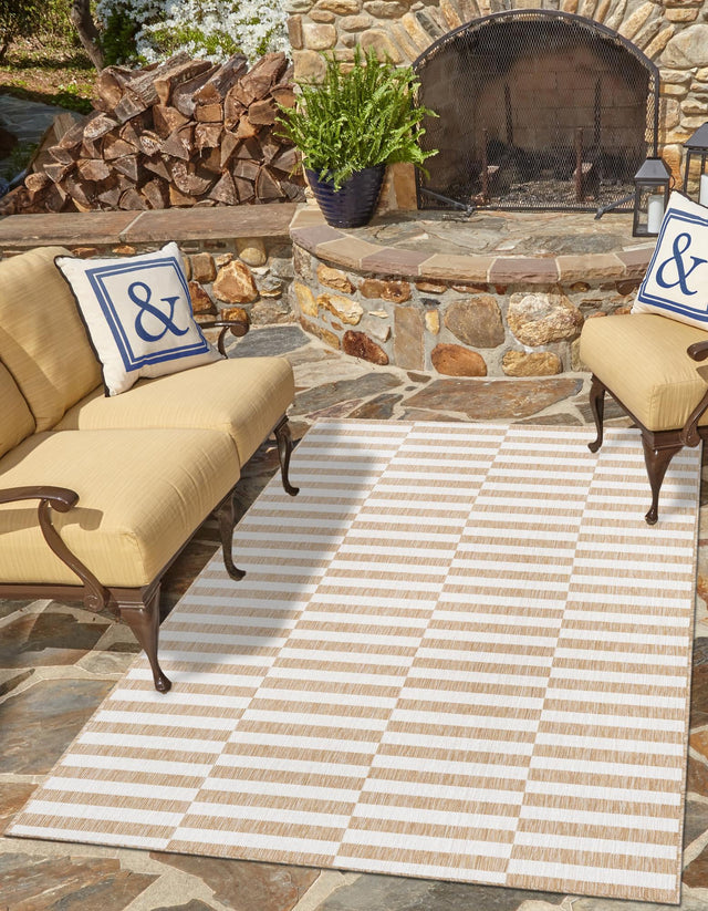 Taupe 7' 10 x 11' Outdoor Striped Rectangle Area Rug Weather Resistant for Patio, Deck, Terrace, Balcony, Porch Geometric Pattern Waterproof Carpet for Sale at Rug Engine