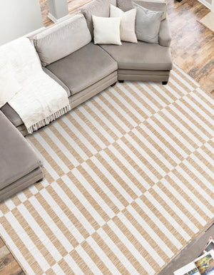 Taupe 10' x 13' 1 Outdoor Striped Rectangle Area Rug Weather Resistant for Patio, Deck, Terrace, Balcony, Porch Geometric Pattern Waterproof Carpet for Sale at Rug Engine