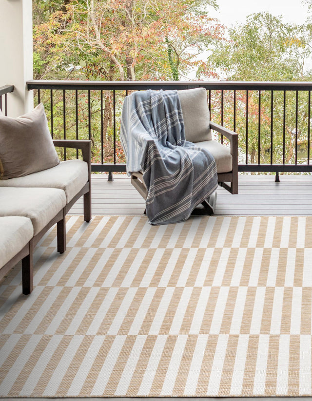 Taupe 7' 1 x 10' Outdoor Striped Rectangle Area Rug Weather Resistant for Patio, Deck, Terrace, Balcony, Porch Geometric Pattern Waterproof Carpet for Sale at Rug Engine