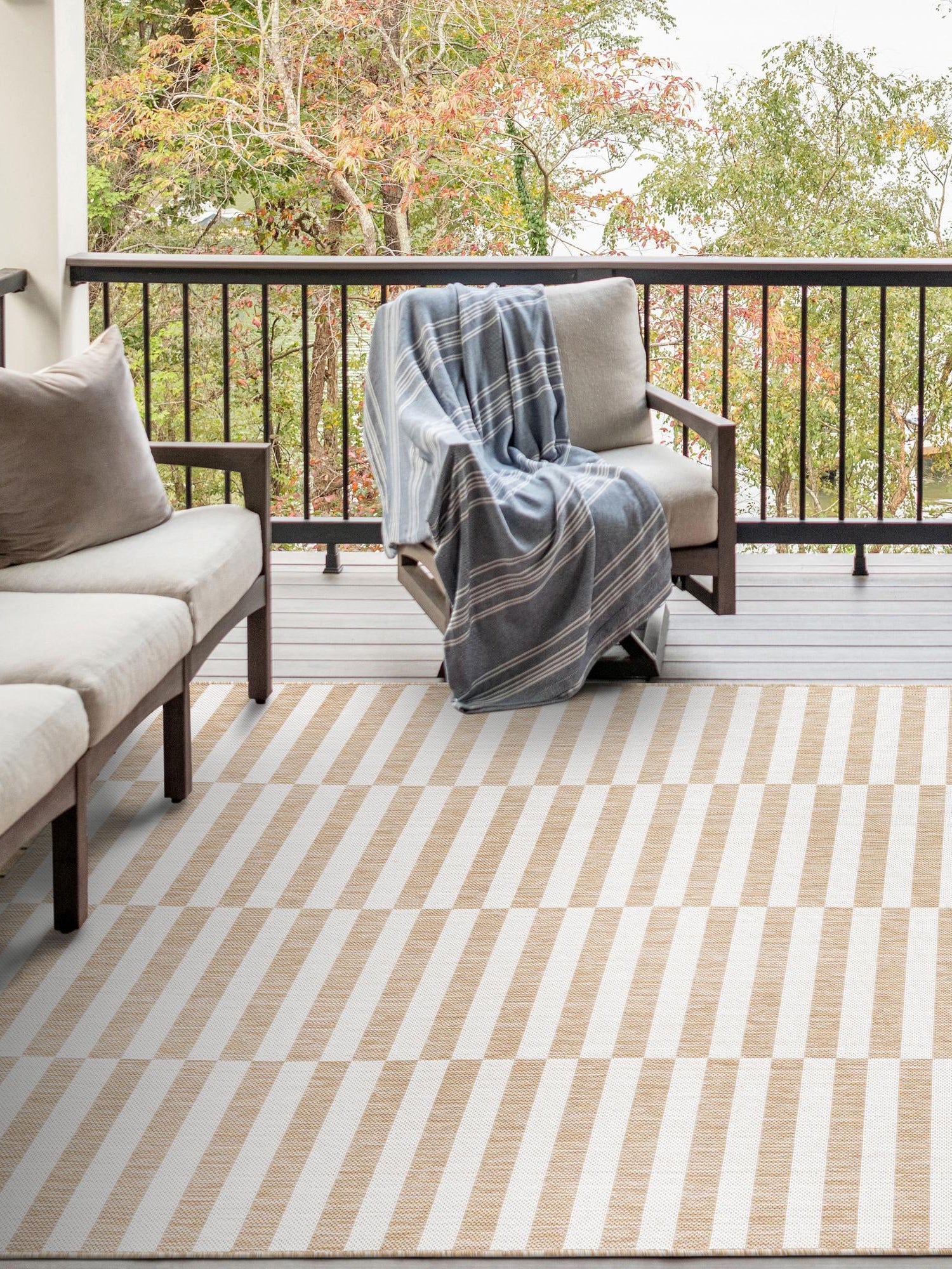 Taupe 10' x 13' 1 Outdoor Striped Rectangle Area Rug Weather Resistant for Patio, Deck, Terrace, Balcony, Porch Geometric Pattern Waterproof Carpet for Sale at Rug Engine