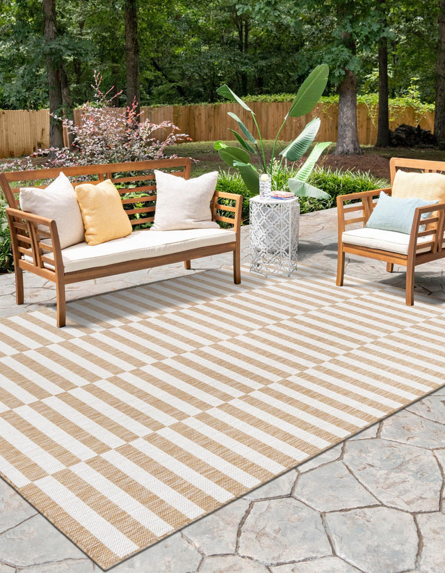 Taupe 10' x 13' 1 Outdoor Striped Rectangle Area Rug Weather Resistant for Patio, Deck, Terrace, Balcony, Porch Geometric Pattern Waterproof Carpet for Sale at Rug Engine