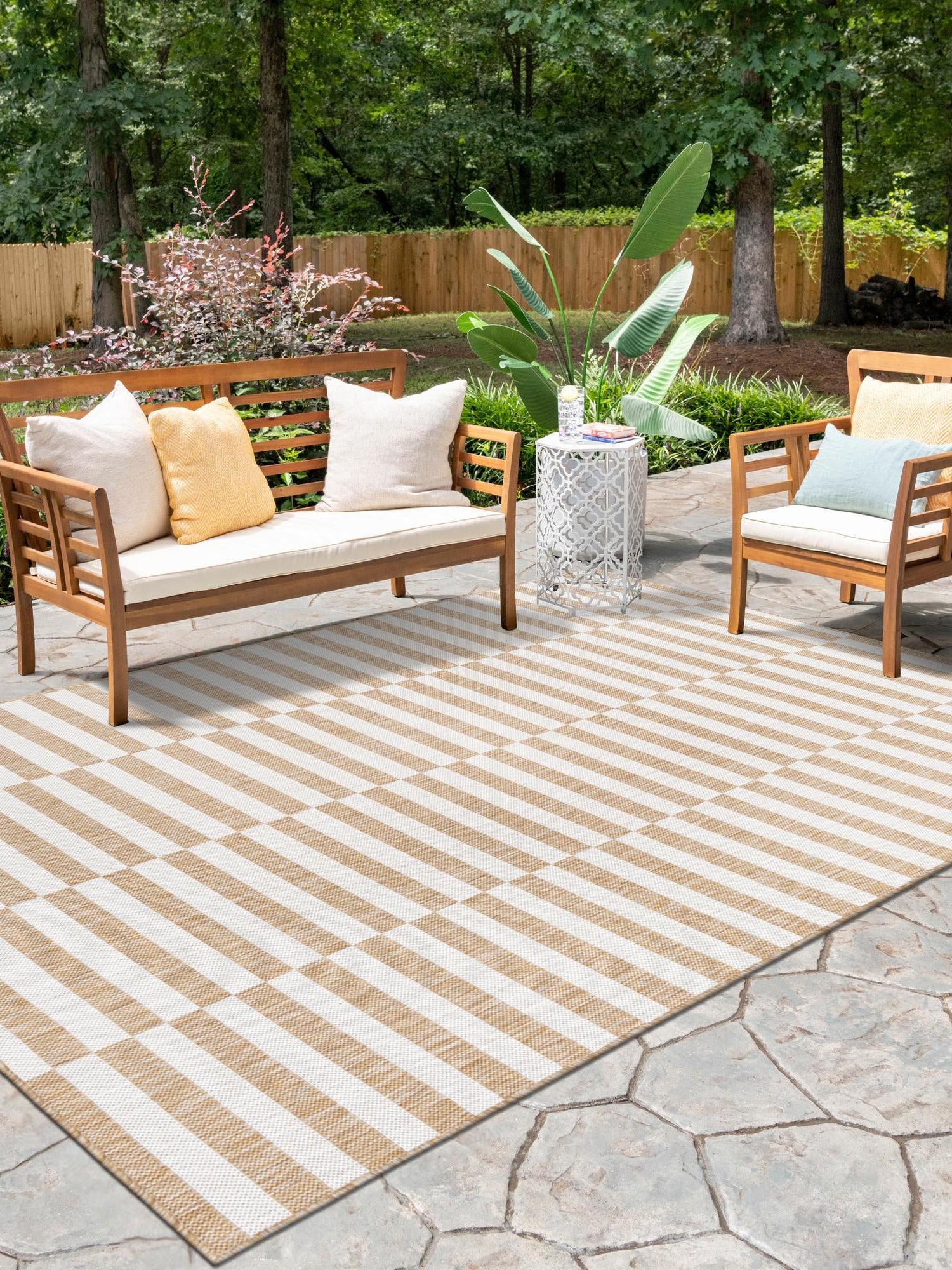 Taupe 2' x 3' 1 Outdoor Striped Rectangle Area Rug Weather Resistant for Patio, Deck, Terrace, Balcony, Porch Geometric Pattern Waterproof Carpet for Sale at Rug Engine