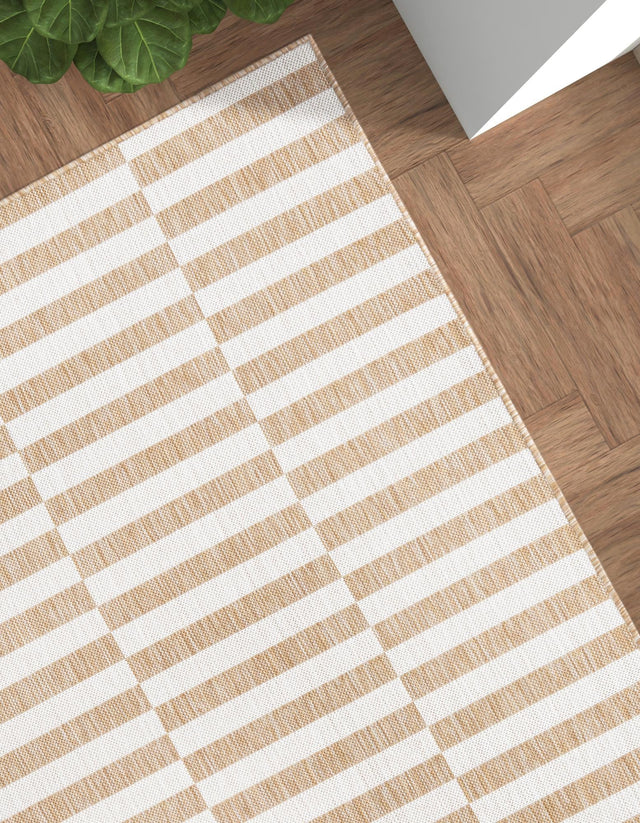 Taupe 4' 1 x 6' 1 Outdoor Striped Rectangle Area Rug Weather Resistant for Patio, Deck, Terrace, Balcony, Porch Geometric Pattern Waterproof Carpet for Sale at Rug Engine