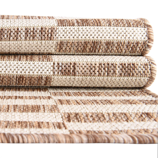 Taupe 5' 3 x 7' 1 Outdoor Striped Rectangle Area Rug Weather Resistant for Patio, Deck, Terrace, Balcony, Porch Geometric Pattern Waterproof Carpet for Sale at Rug Engine