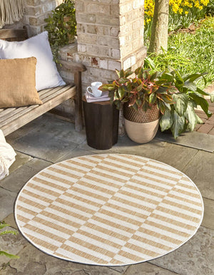 Taupe 5' 3 x 5' 3 Outdoor Striped Round Area Rug Weather Resistant for Patio, Deck, Terrace, Balcony, Porch Geometric Pattern Waterproof Carpet for Sale at Rug Engine