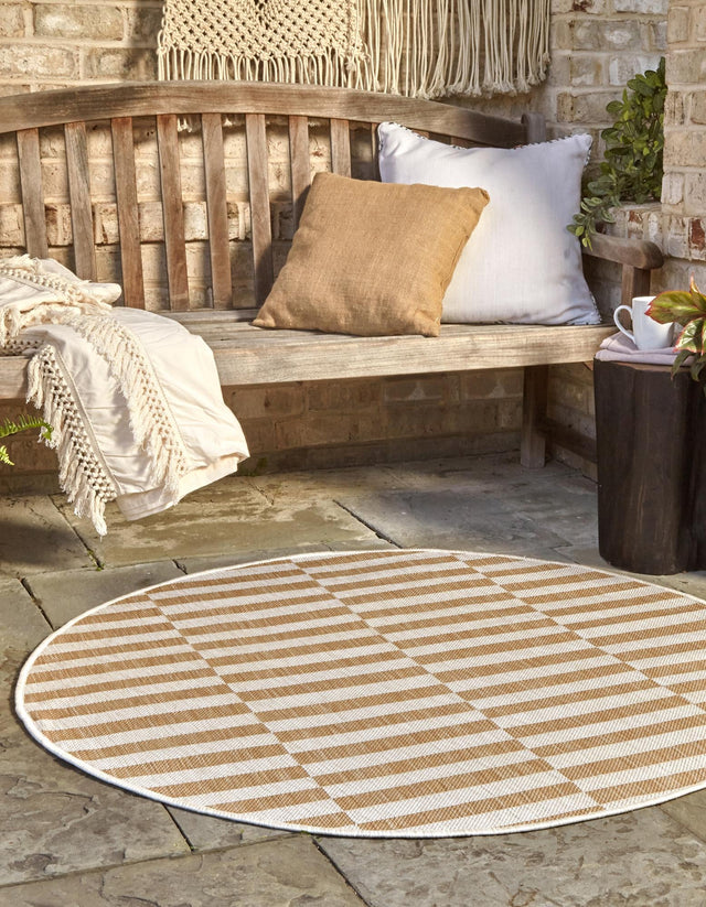Taupe 12' x 12' Outdoor Striped Round Area Rug Weather Resistant for Patio, Deck, Terrace, Balcony, Porch Geometric Pattern Waterproof Carpet for Sale at Rug Engine
