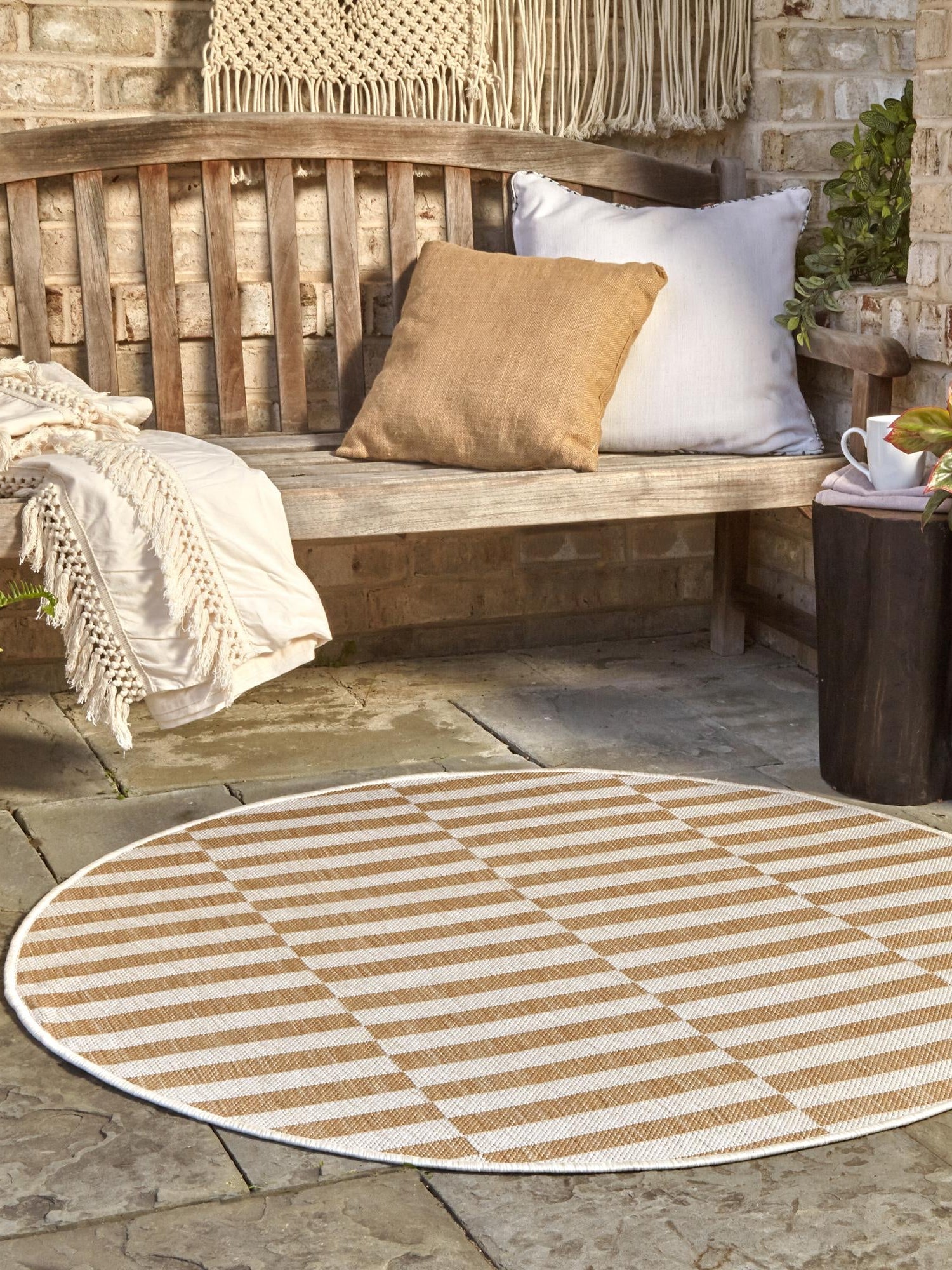 Taupe 10' x 10' Outdoor Striped Round Area Rug Weather Resistant for Patio, Deck, Terrace, Balcony, Porch Geometric Pattern Waterproof Carpet for Sale at Rug Engine