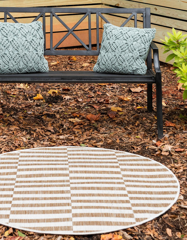 Taupe 12' x 12' Outdoor Striped Round Area Rug Weather Resistant for Patio, Deck, Terrace, Balcony, Porch Geometric Pattern Waterproof Carpet for Sale at Rug Engine