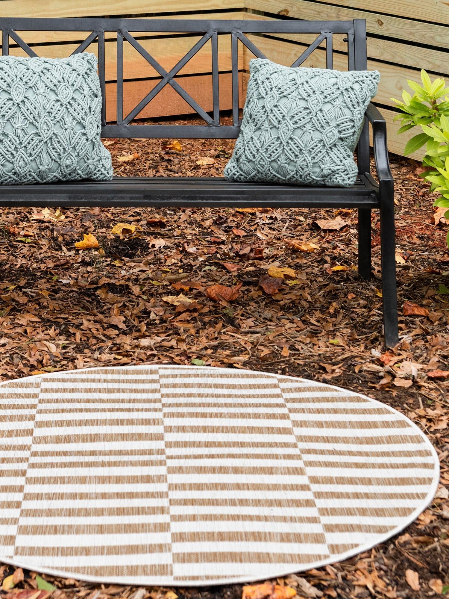 Taupe 6' 1 x 6' 1 Outdoor Striped Round Area Rug Weather Resistant for Patio, Deck, Terrace, Balcony, Porch Geometric Pattern Waterproof Carpet for Sale at Rug Engine