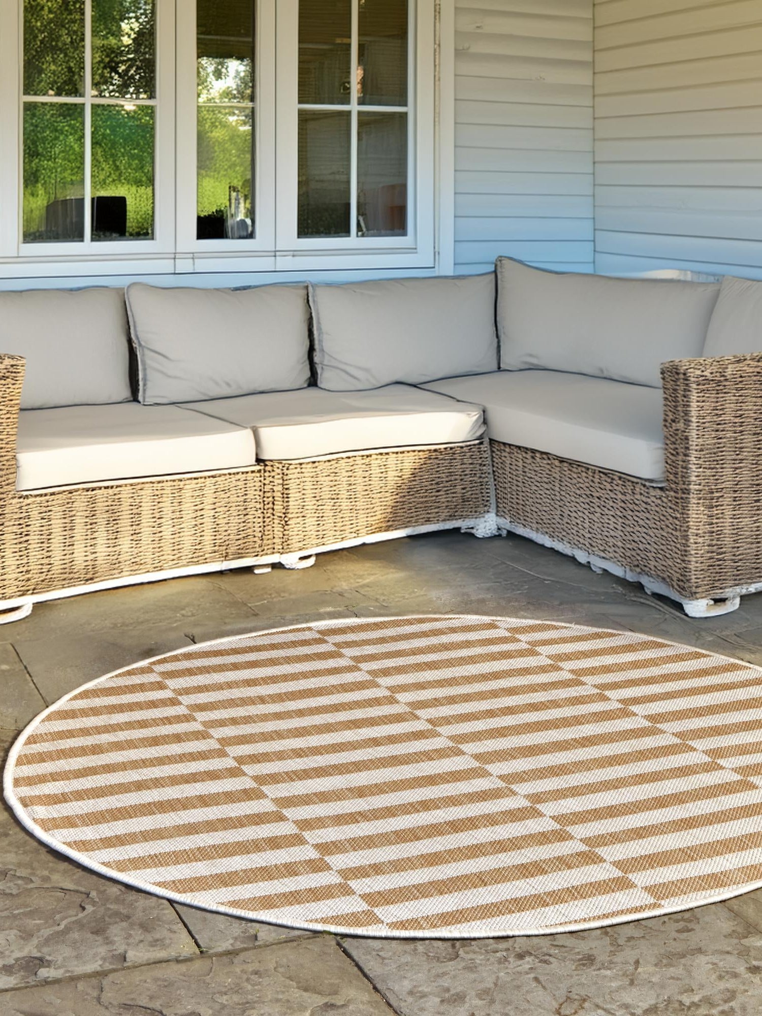 Taupe 5' 3 x 5' 3 Outdoor Striped Round Area Rug Weather Resistant for Patio, Deck, Terrace, Balcony, Porch Geometric Pattern Waterproof Carpet for Sale at Rug Engine