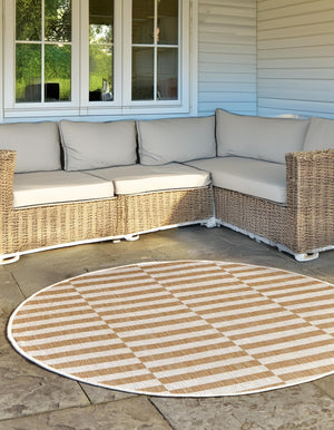 Taupe 6' 1 x 6' 1 Outdoor Striped Round Area Rug Weather Resistant for Patio, Deck, Terrace, Balcony, Porch Geometric Pattern Waterproof Carpet for Sale at Rug Engine
