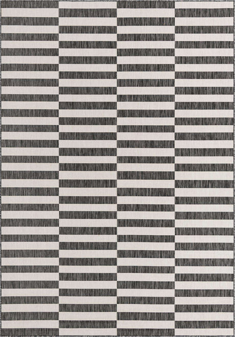 Charcoal 7' 10 x 11' Outdoor Striped Rectangle Area Rug Weather Resistant for Patio, Deck, Terrace, Balcony, Porch