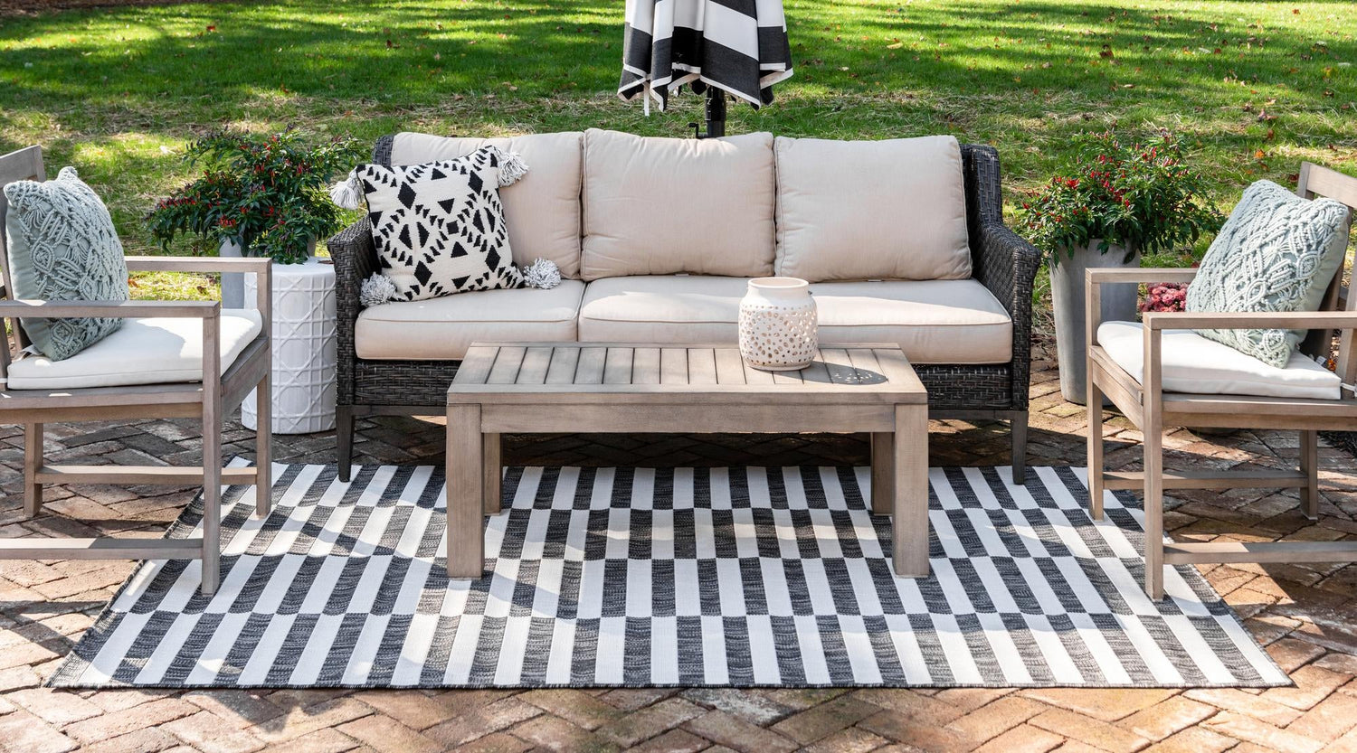 Charcoal 5' 3 x 8' Outdoor Striped Rectangle Area Rug Weather Resistant for Patio, Deck, Terrace, Balcony, Porch Geometric Pattern Waterproof Carpet for Sale at Rug Engine