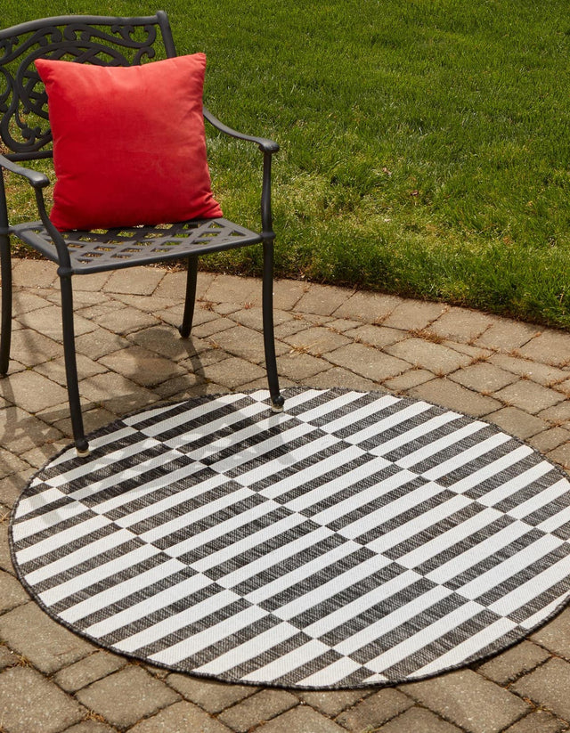 Charcoal 4' 1 x 4' 1 Outdoor Striped Round Area Rug Weather Resistant for Patio, Deck, Terrace, Balcony, Porch Geometric Pattern Waterproof Carpet for Sale at Rug Engine