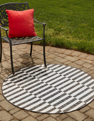 Charcoal 13' 1 x 13' 1 Outdoor Striped Round Area Rug Weather Resistant for Patio, Deck, Terrace, Balcony, Porch Geometric Pattern Waterproof Carpet for Sale at Rug Engine