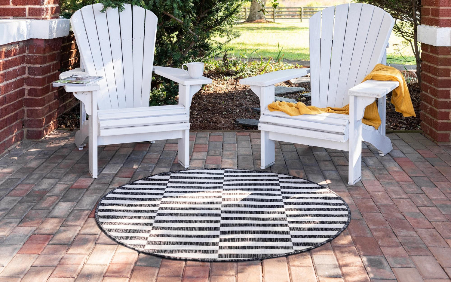 Charcoal 10' 8 x 10' 8 Outdoor Striped Round Area Rug Weather Resistant for Patio, Deck, Terrace, Balcony, Porch Geometric Pattern Waterproof Carpet for Sale at Rug Engine