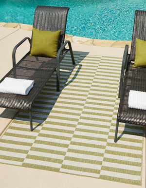 Green 9' x 12' Outdoor Striped Rectangle Area Rug Weather Resistant for Patio, Deck, Terrace, Balcony, Porch Geometric Pattern Waterproof Carpet for Sale at Rug Engine