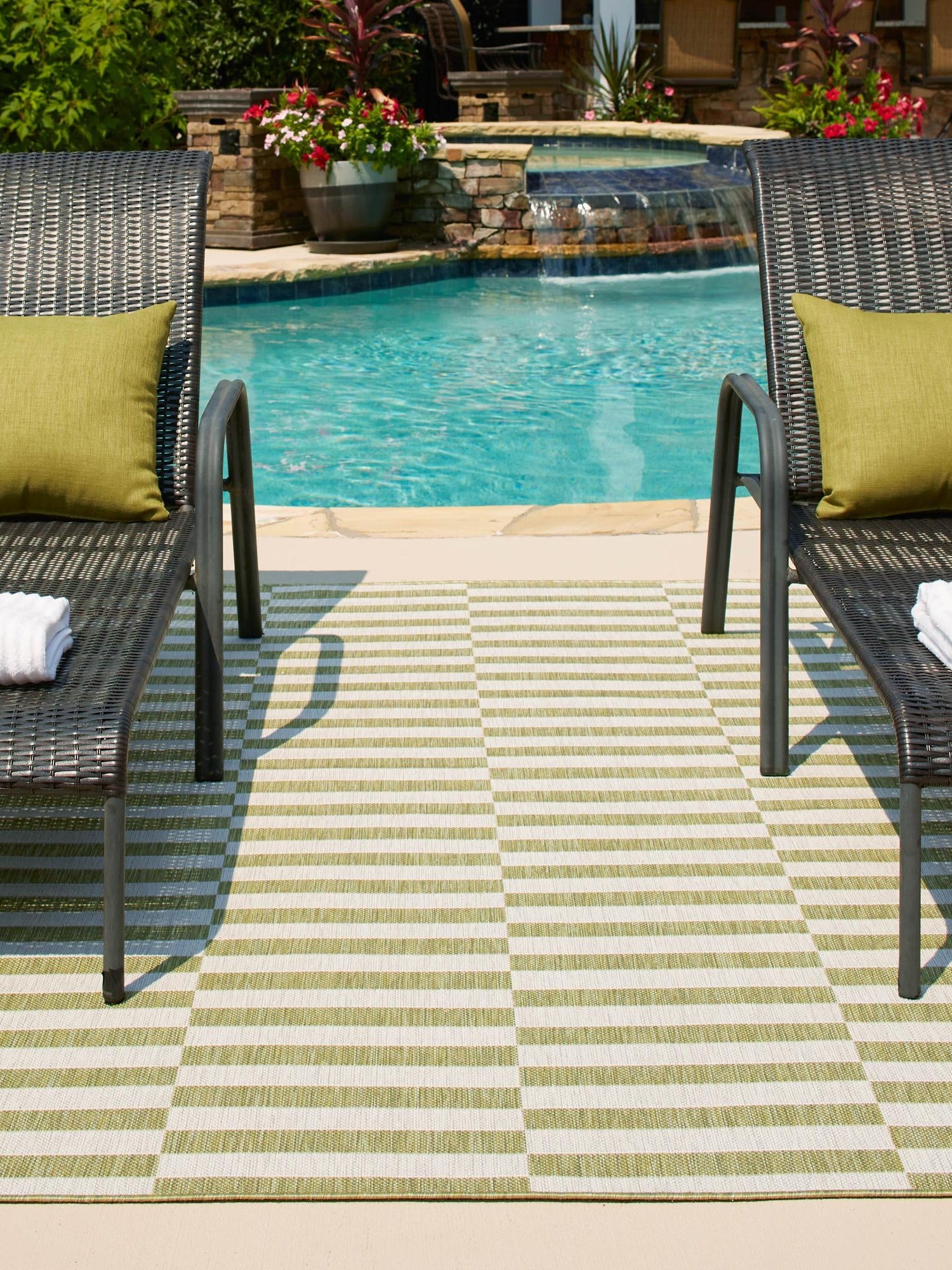 Green 9' x 12' Outdoor Striped Rectangle Area Rug Weather Resistant for Patio, Deck, Terrace, Balcony, Porch Geometric Pattern Waterproof Carpet for Sale at Rug Engine