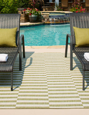Green 9' x 12' Outdoor Striped Rectangle Area Rug Weather Resistant for Patio, Deck, Terrace, Balcony, Porch Geometric Pattern Waterproof Carpet for Sale at Rug Engine
