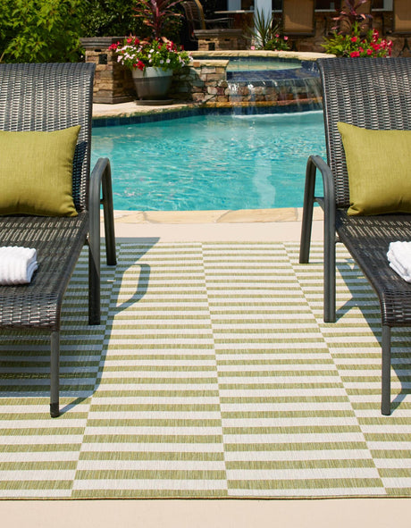 Green 6' 1 x 9' Outdoor Striped Rectangle Area Rug Weather Resistant for Patio, Deck, Terrace, Balcony, Porch Geometric Pattern Waterproof Carpet for Sale at Rug Engine