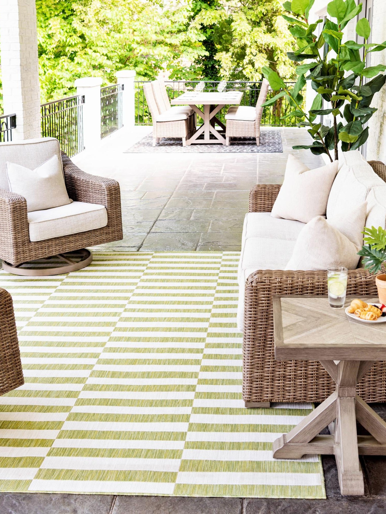Green 6' 1 x 9' Outdoor Striped Rectangle Area Rug Weather Resistant for Patio, Deck, Terrace, Balcony, Porch Geometric Pattern Waterproof Carpet for Sale at Rug Engine
