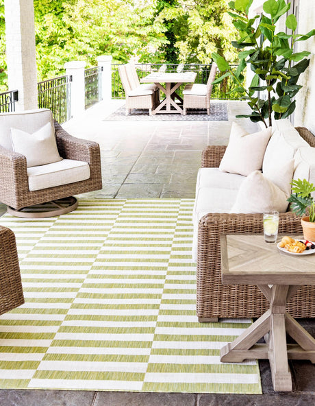 Green 6' 1 x 9' Outdoor Striped Rectangle Area Rug Weather Resistant for Patio, Deck, Terrace, Balcony, Porch Geometric Pattern Waterproof Carpet for Sale at Rug Engine