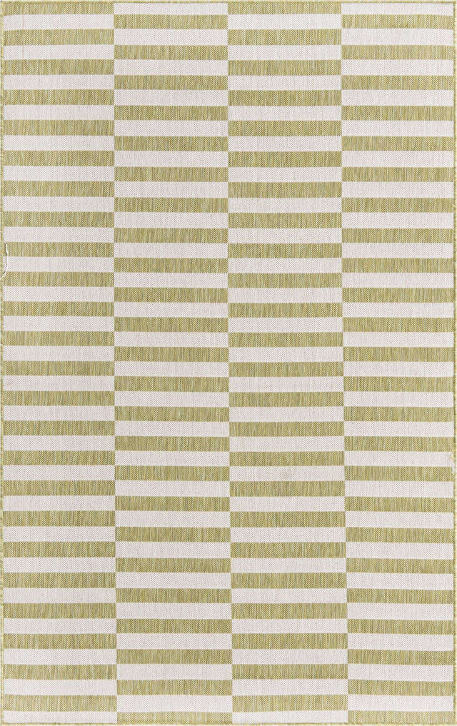 Green 5' 3 x 8' Outdoor Striped Rectangle Area Rug Weather Resistant for Patio, Deck, Terrace, Balcony, Porch
