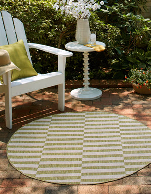 Green 5' 3 x 5' 3 Outdoor Striped Round Area Rug Weather Resistant for Patio, Deck, Terrace, Balcony, Porch Geometric Pattern Waterproof Carpet for Sale at Rug Engine