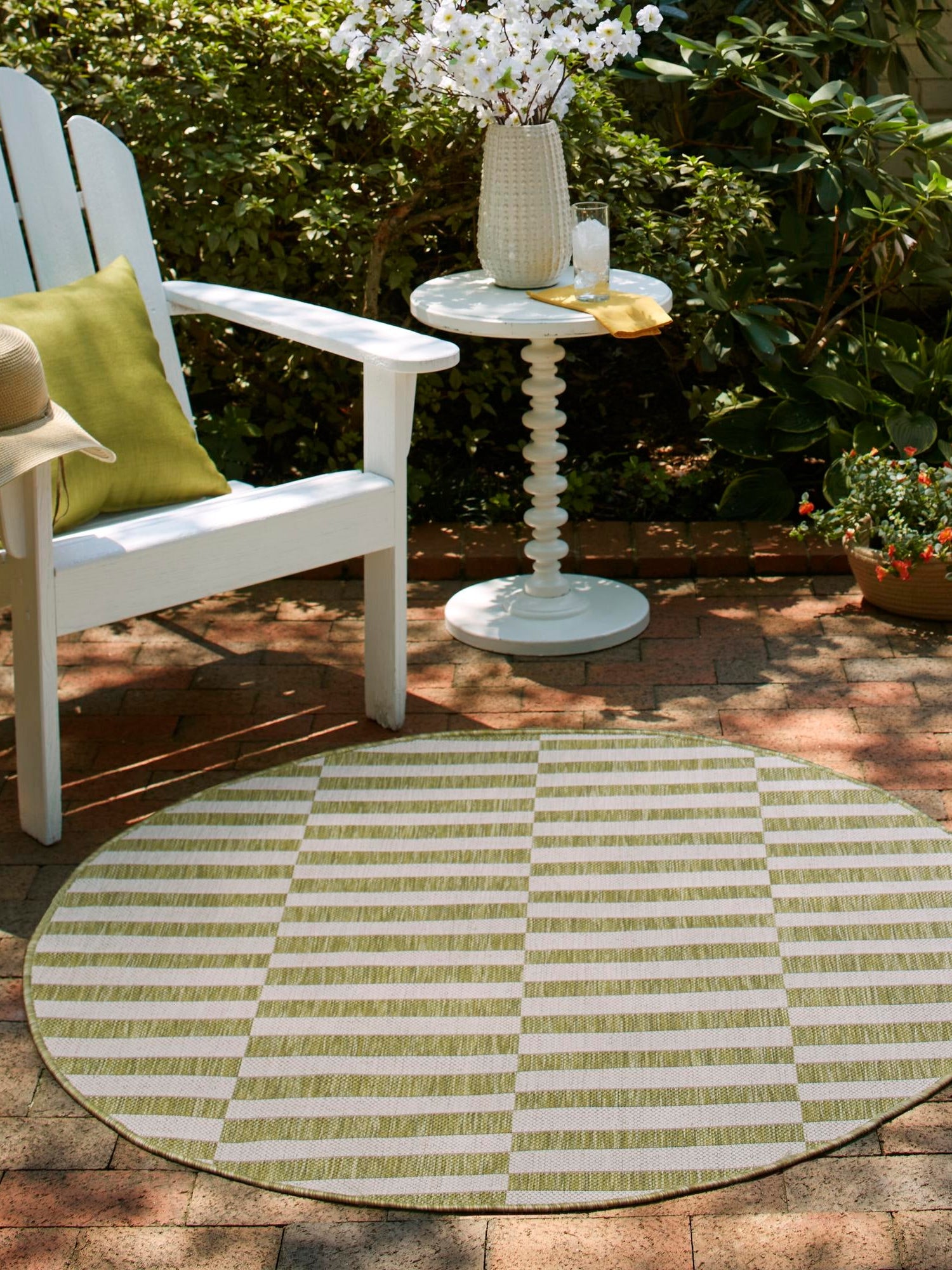 Green 6' 1 x 6' 1 Outdoor Striped Round Area Rug Weather Resistant for Patio, Deck, Terrace, Balcony, Porch Geometric Pattern Waterproof Carpet for Sale at Rug Engine