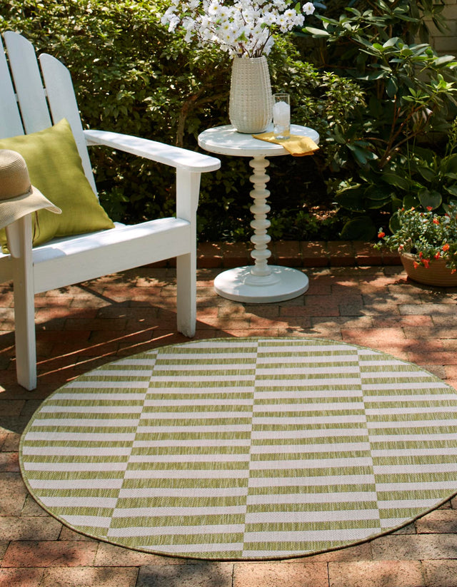 Green 10' x 10' Outdoor Striped Round Area Rug Weather Resistant for Patio, Deck, Terrace, Balcony, Porch Geometric Pattern Waterproof Carpet for Sale at Rug Engine