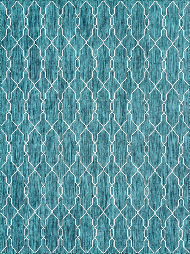 Teal 9' x 12' Outdoor Trellis Rectangle Area Rug Weather Resistant for Patio, Deck, Terrace, Balcony, Porch Geometric Design Water Safe Outside Carpet for Sale at Rug Engine