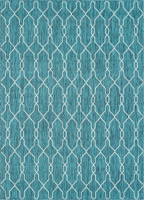 Teal 7' 10 x 11' Outdoor Trellis Rectangle Area Rug Weather Resistant for Patio, Deck, Terrace, Balcony, Porch Geometric Design Water Safe Outside Carpet for Sale at Rug Engine