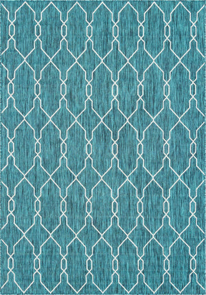 Teal 7' 1 x 10' Outdoor Trellis Rectangle Area Rug Weather Resistant for Patio, Deck, Terrace, Balcony, Porch Geometric Design Water Safe Outside Carpet for Sale at Rug Engine