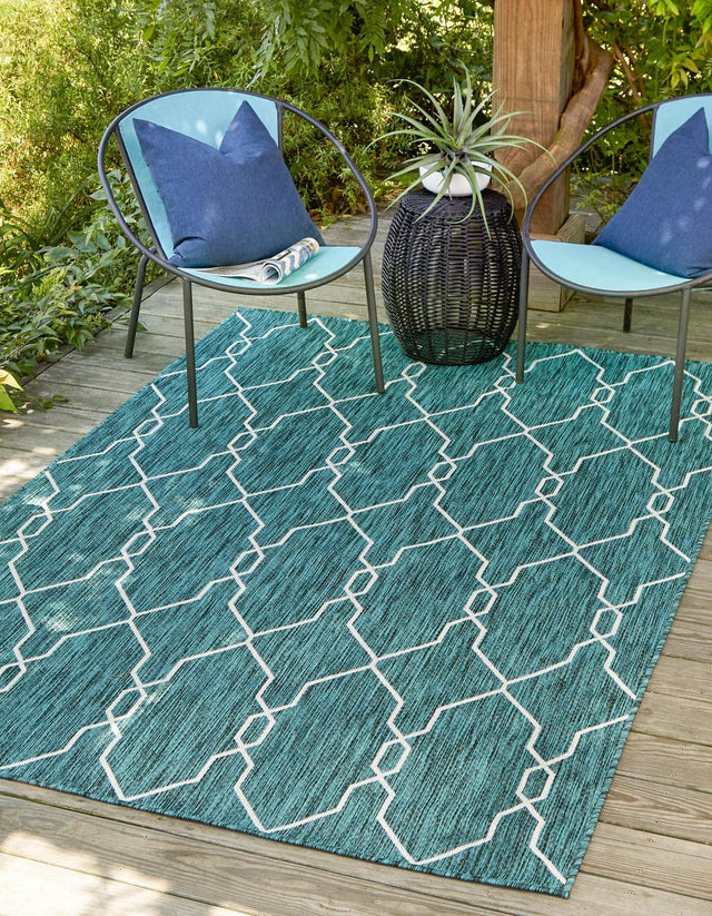Teal 4' 1 x 6' 1 Outdoor Trellis Rectangle Area Rug Weather Resistant for Patio, Deck, Terrace, Balcony, Porch Geometric Design Water Safe Outside Carpet for Sale at Rug Engine