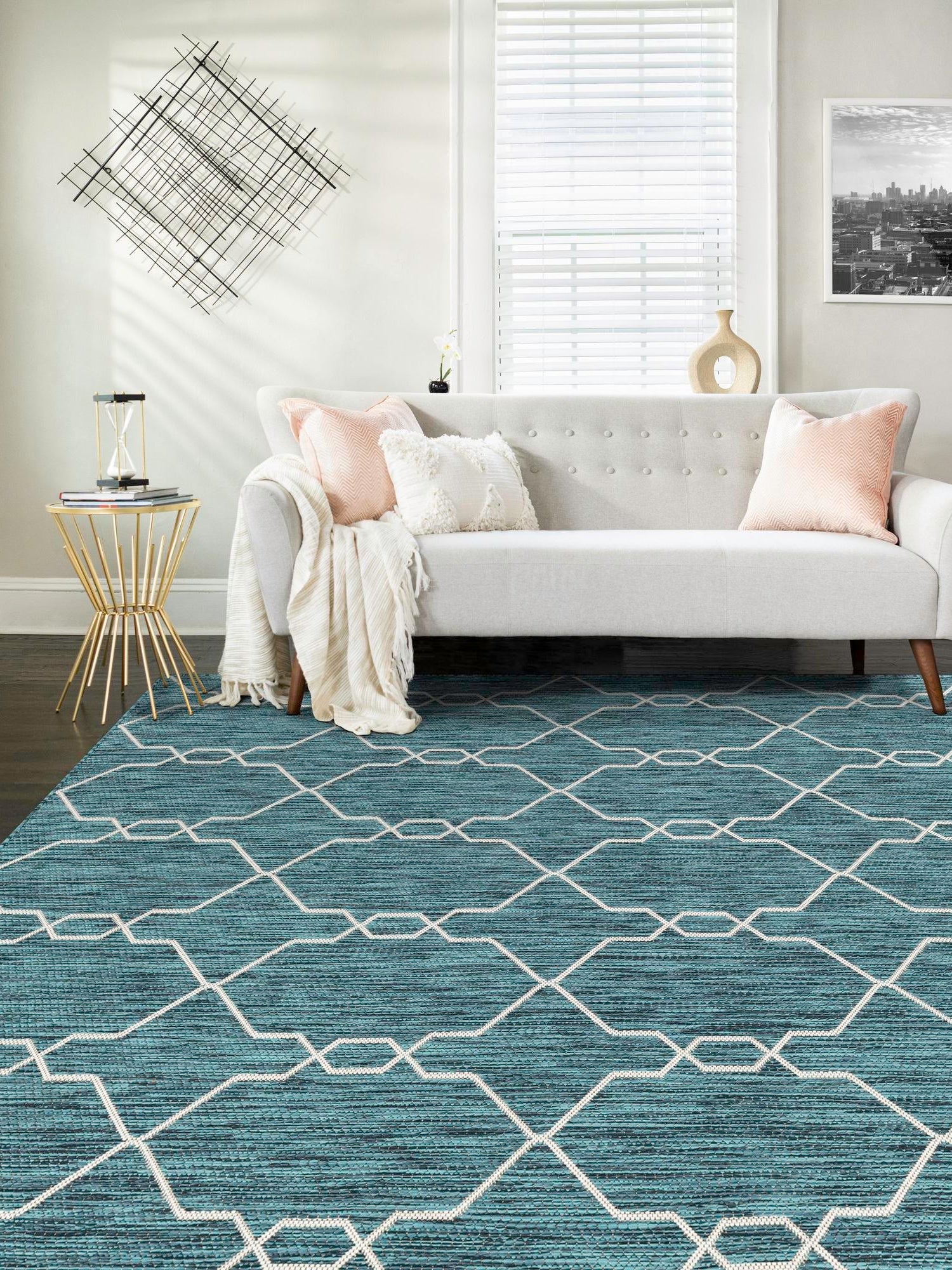 Teal 5' 3 x 8' Outdoor Trellis Rectangle Area Rug Weather Resistant for Patio, Deck, Terrace, Balcony, Porch Geometric Design Water Safe Outside Carpet for Sale at Rug Engine