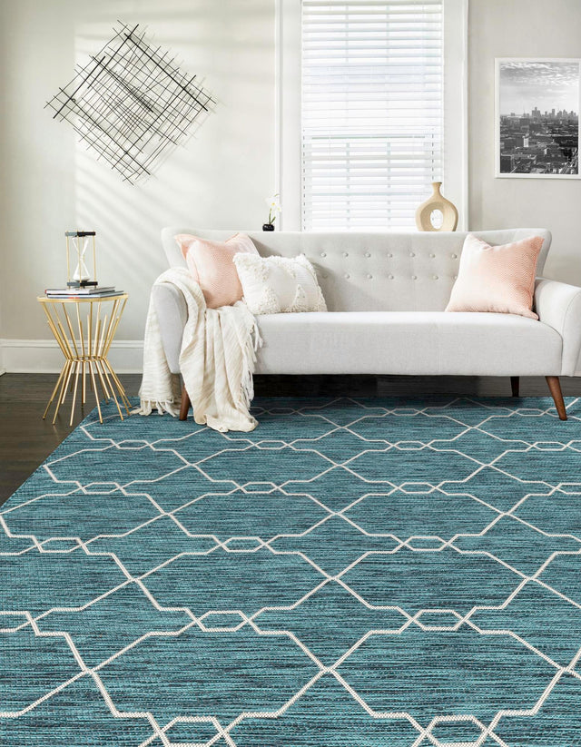 Teal 7' 1 x 10' Outdoor Trellis Rectangle Area Rug Weather Resistant for Patio, Deck, Terrace, Balcony, Porch Geometric Design Water Safe Outside Carpet for Sale at Rug Engine