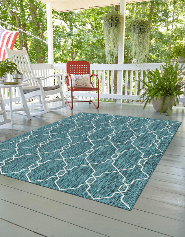 Teal 4' 1 x 6' 1 Outdoor Trellis Rectangle Area Rug Weather Resistant for Patio, Deck, Terrace, Balcony, Porch Geometric Design Water Safe Outside Carpet for Sale at Rug Engine