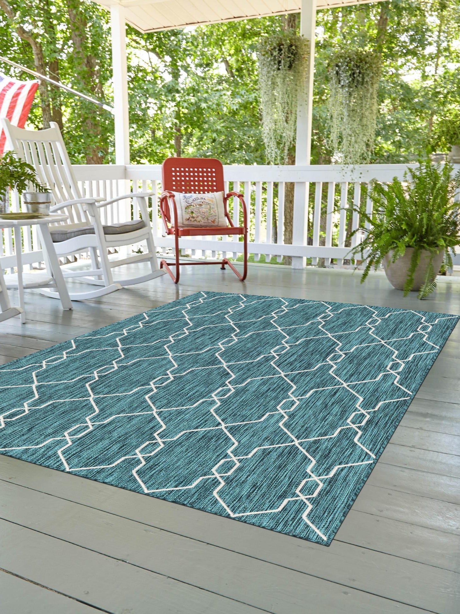 Teal 5' 3 x 8' Outdoor Trellis Rectangle Area Rug Weather Resistant for Patio, Deck, Terrace, Balcony, Porch Geometric Design Water Safe Outside Carpet for Sale at Rug Engine