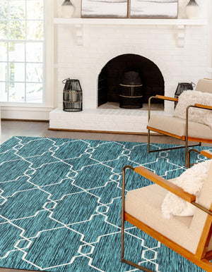 Teal 9' x 12' Outdoor Trellis Rectangle Area Rug Weather Resistant for Patio, Deck, Terrace, Balcony, Porch Geometric Design Water Safe Outside Carpet for Sale at Rug Engine