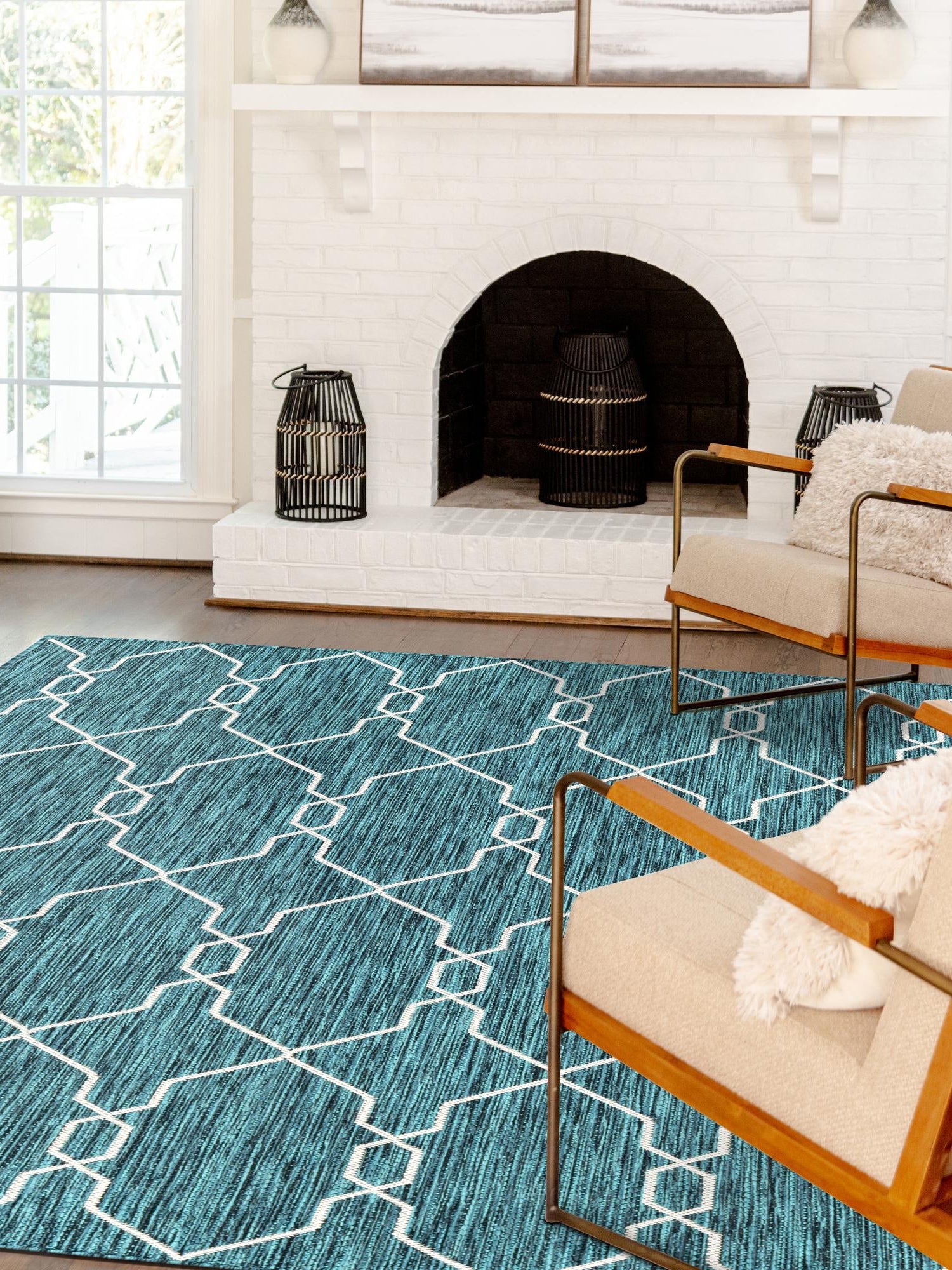 Teal 4' 1 x 6' 1 Outdoor Trellis Rectangle Area Rug Weather Resistant for Patio, Deck, Terrace, Balcony, Porch Geometric Design Water Safe Outside Carpet for Sale at Rug Engine