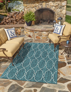 Teal 4' 1 x 6' 1 Outdoor Trellis Rectangle Area Rug Weather Resistant for Patio, Deck, Terrace, Balcony, Porch Geometric Design Water Safe Outside Carpet for Sale at Rug Engine