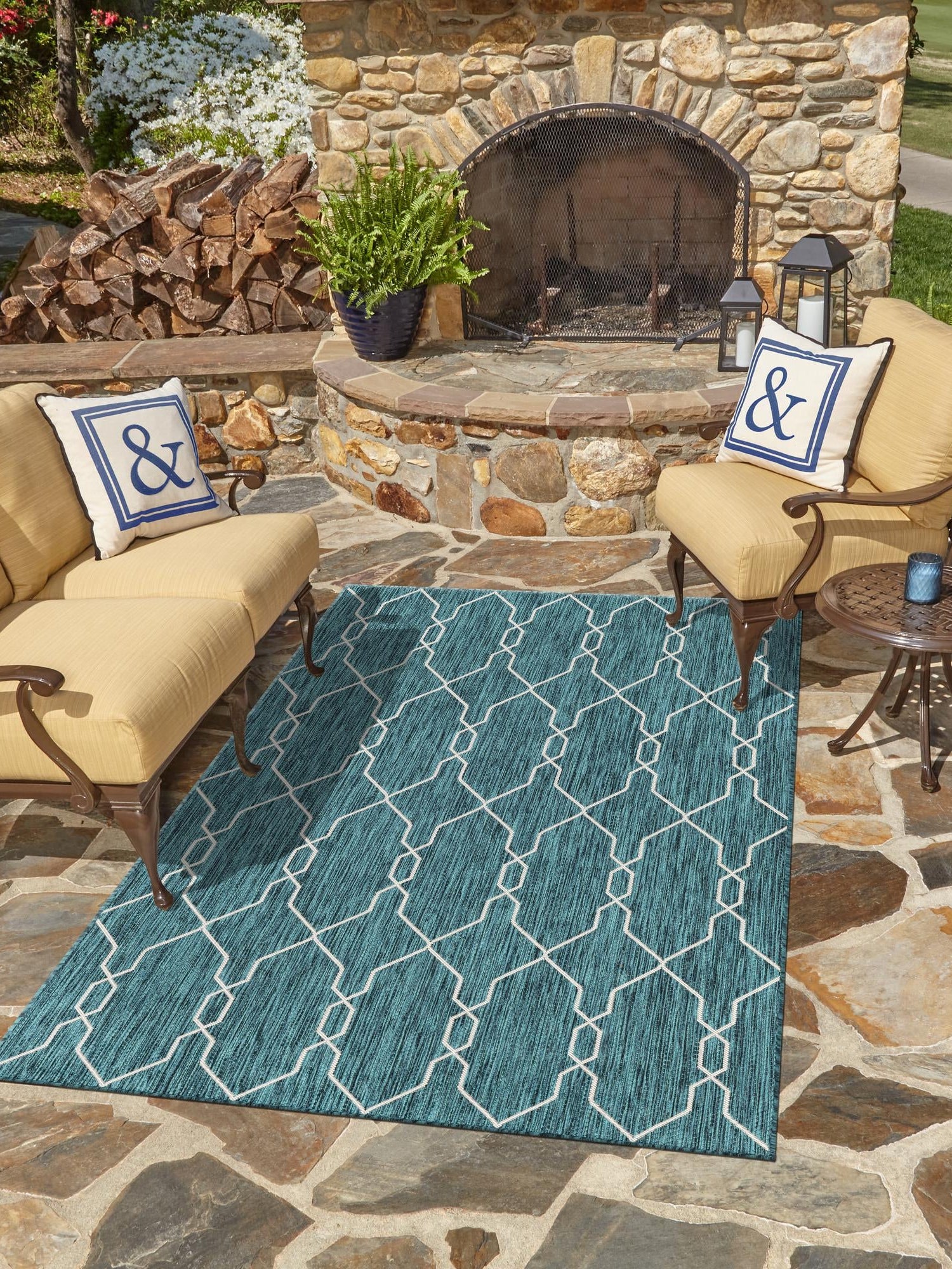 Teal 7' 1 x 10' Outdoor Trellis Rectangle Area Rug Weather Resistant for Patio, Deck, Terrace, Balcony, Porch Geometric Design Water Safe Outside Carpet for Sale at Rug Engine