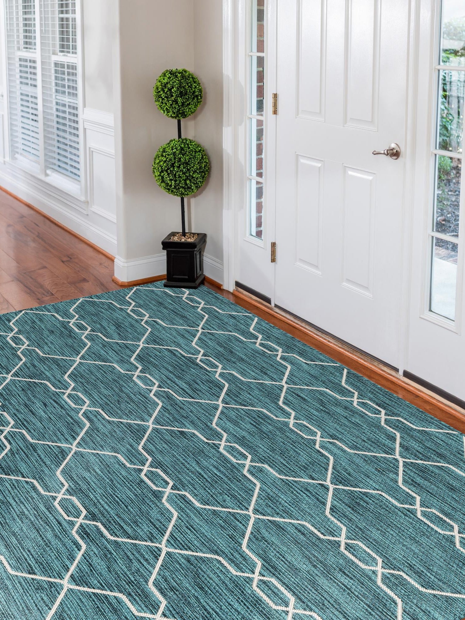 Teal 6' 1 x 9' Outdoor Trellis Rectangle Area Rug Weather Resistant for Patio, Deck, Terrace, Balcony, Porch Geometric Design Water Safe Outside Carpet for Sale at Rug Engine